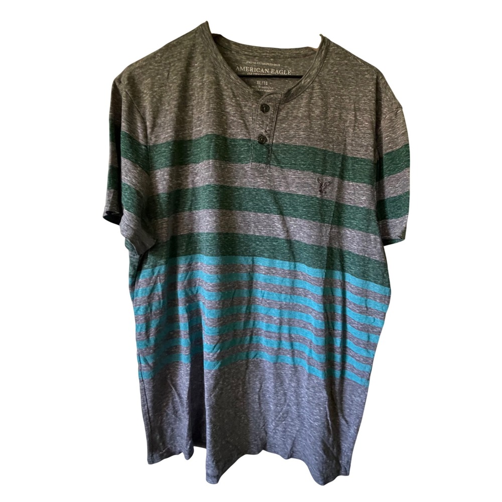 American Eagle Henley Shirt Mens XL Grey Green TealStriped Short‎ Sleeve